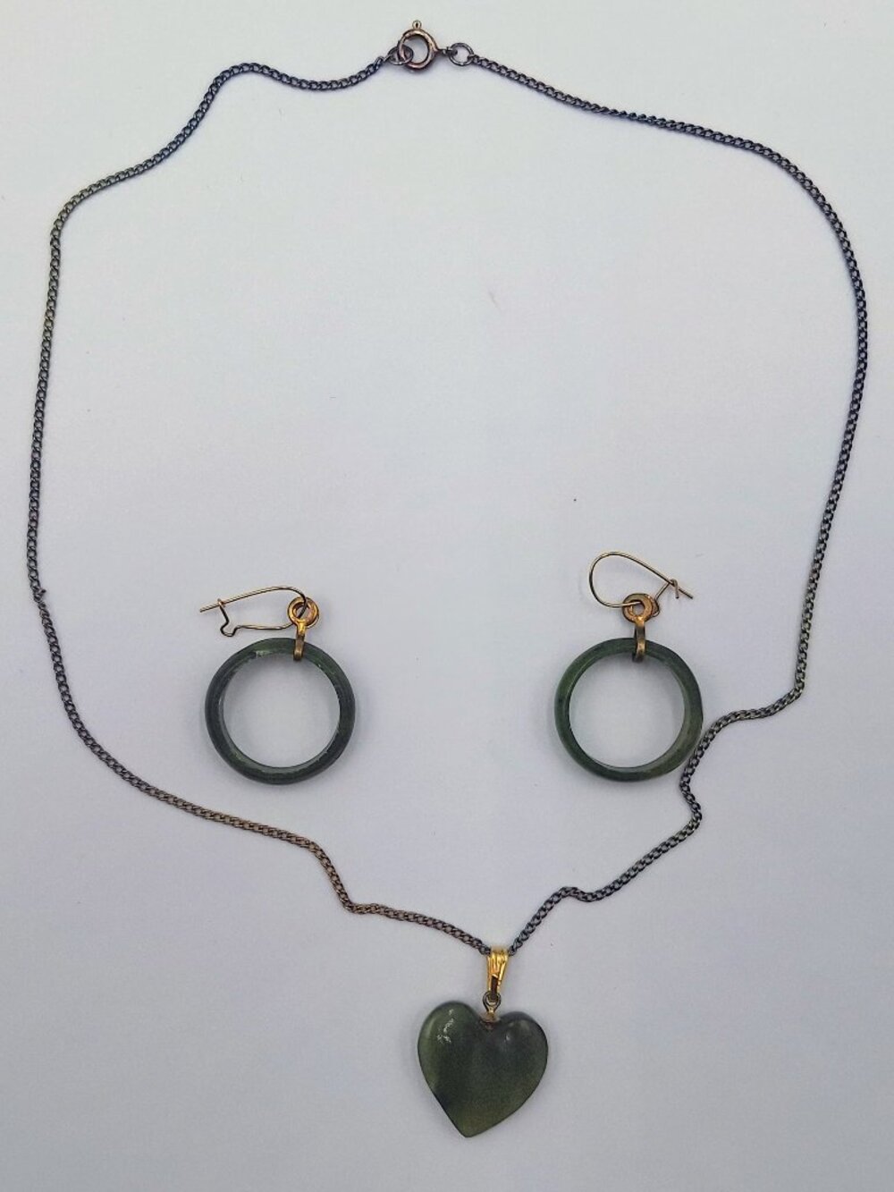 Vintage Nephrite Jade Hoop Earrings and Heart Necklace Set Estate Find